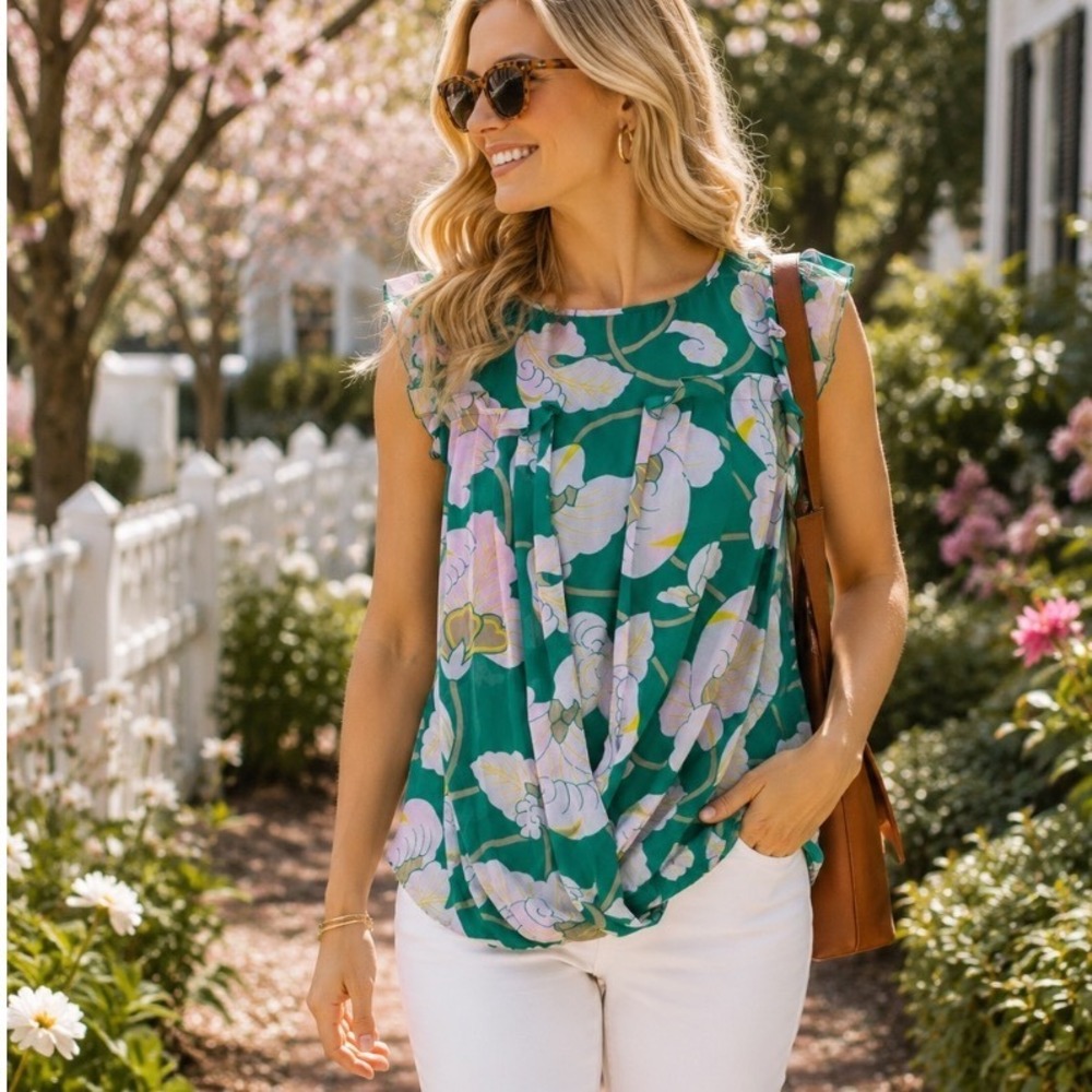 TIBI SZ 4 Green Floral Ruffle‎ Sleeveless Blouse with Draped Front